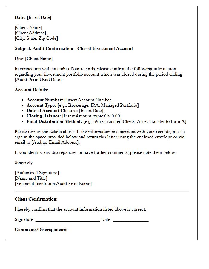 Investment Portfolio Closed Account Audit Confirmation Letter