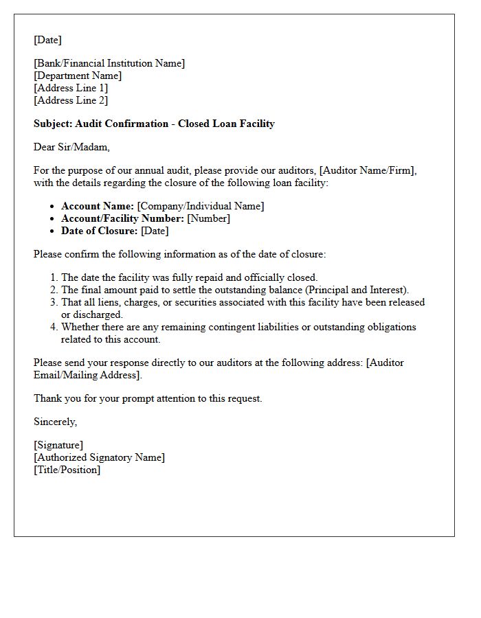 Loan Facility Closed Account Audit Confirmation Letter