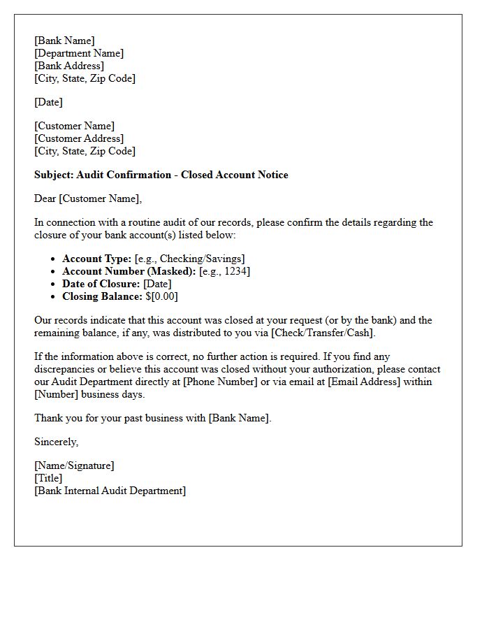 Retail Banking Closed Account Audit Confirmation Letter