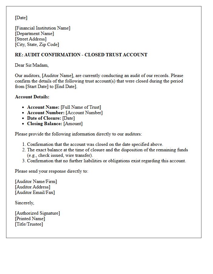 Trust Depository Closed Account Audit Confirmation Letter