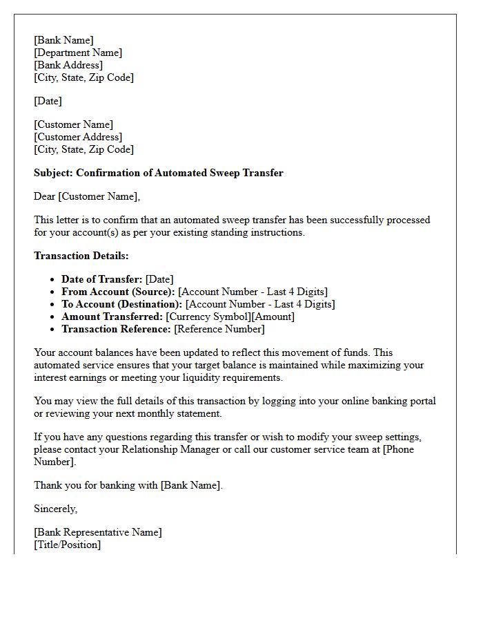Automated Sweep Transfer Confirmation Letter
