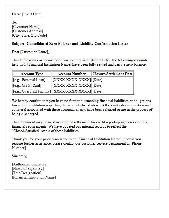 Consolidated Zero Balance Liability Confirmation Letter