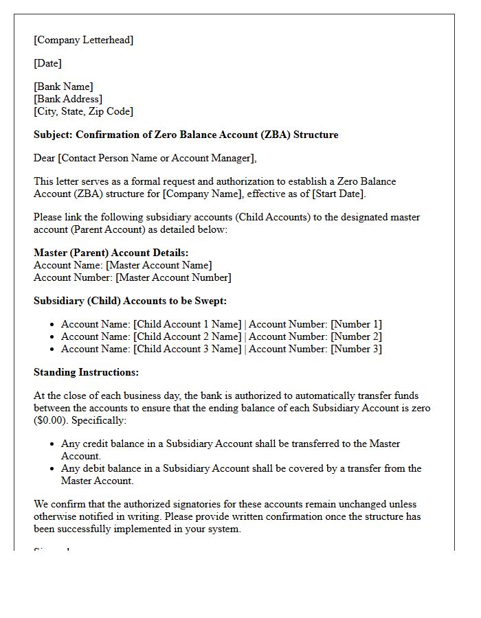 Corporate Zero Balance Structure Confirmation Letter