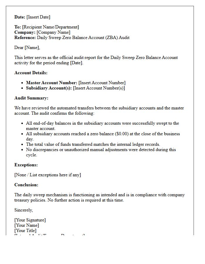 Daily Sweep Zero Balance Audit Letter