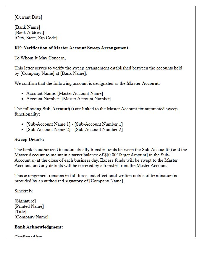 Master Account Sweep Verification Letter