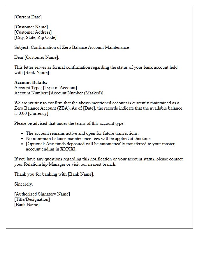 Zero Balance Account Maintenance Confirmation Letter