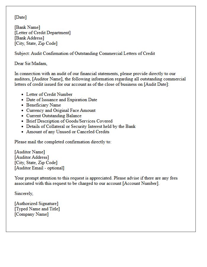 Outstanding Commercial Letter of Credit Audit Confirmation Letter