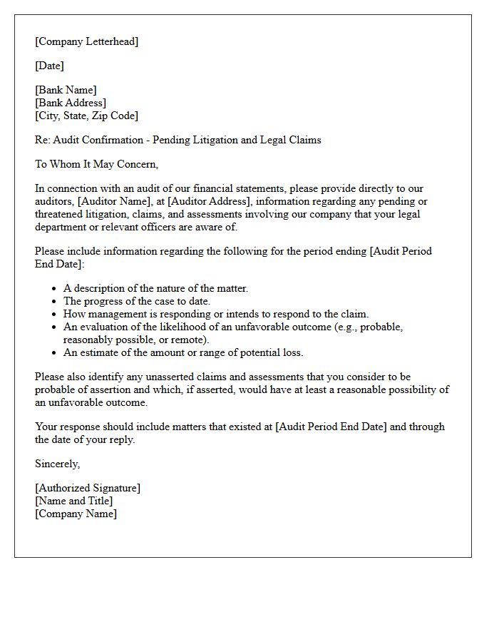 Pending Litigation and Legal Claims Bank Confirmation Letter