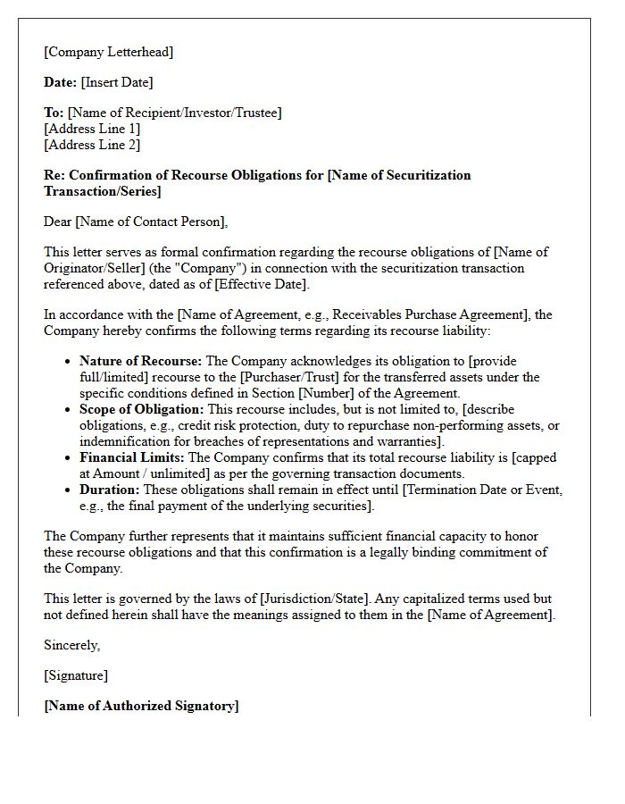 Securitization Recourse Obligation Confirmation Letter
