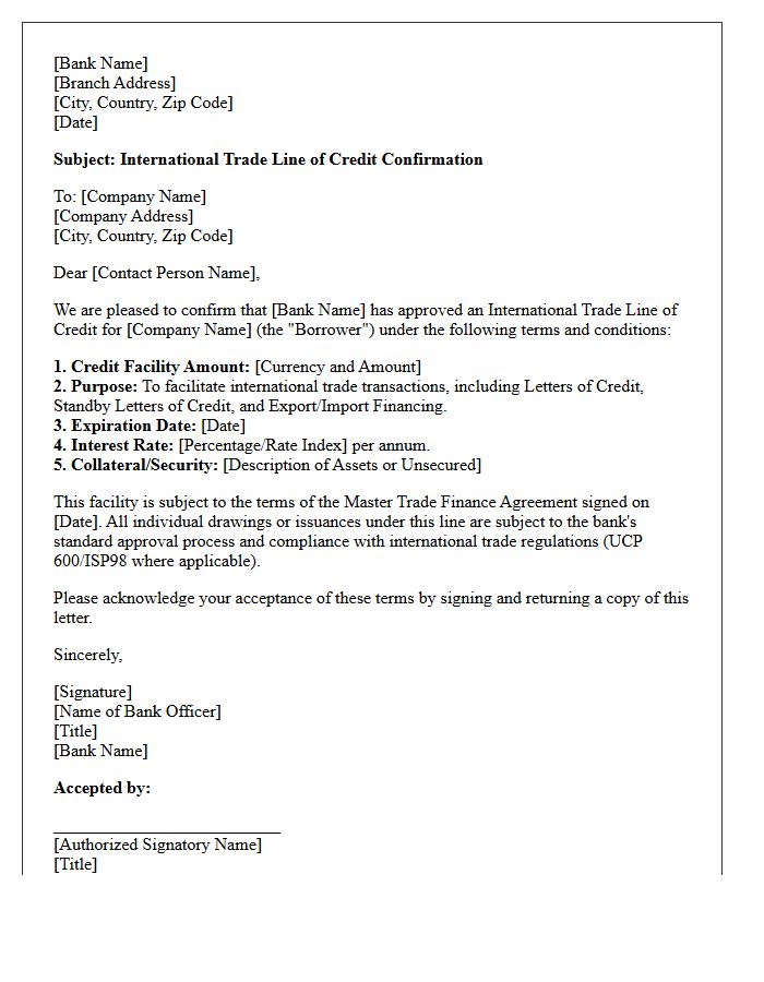 International Trade Line of Credit Confirmation Letter