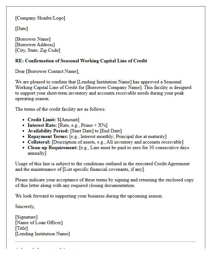 Seasonal Working Capital Line of Credit Confirmation Letter