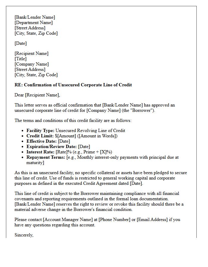 Unsecured Corporate Line of Credit Confirmation Letter