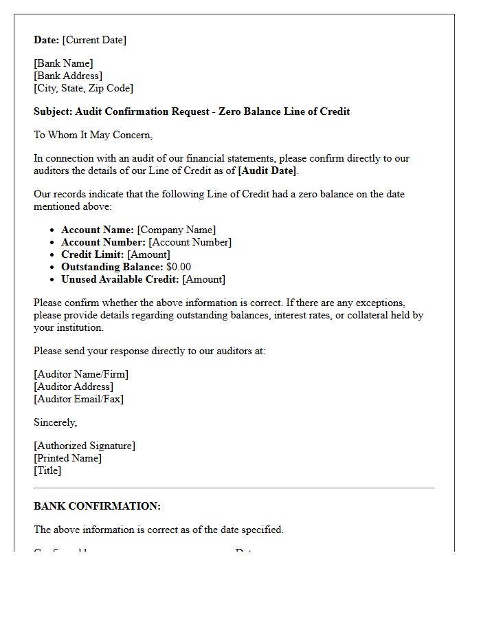 Zero Balance Line of Credit Audit Confirmation Letter