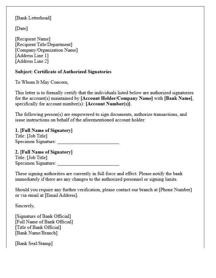 Authorized Bank Signature for the Letter
