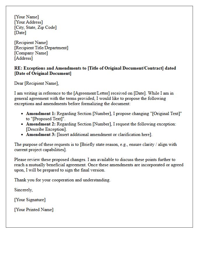 Exceptions or Amendments to the Letter