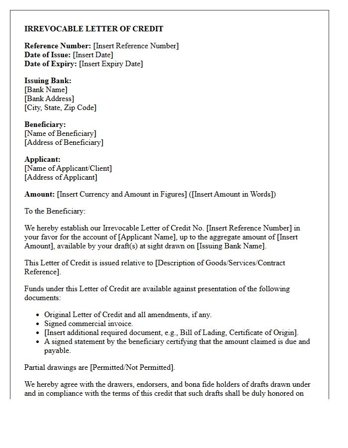 Irrevocable Letter of Credit Reference Number