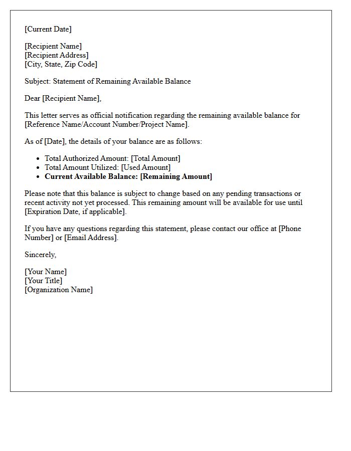 Remaining Available Balance of the Letter