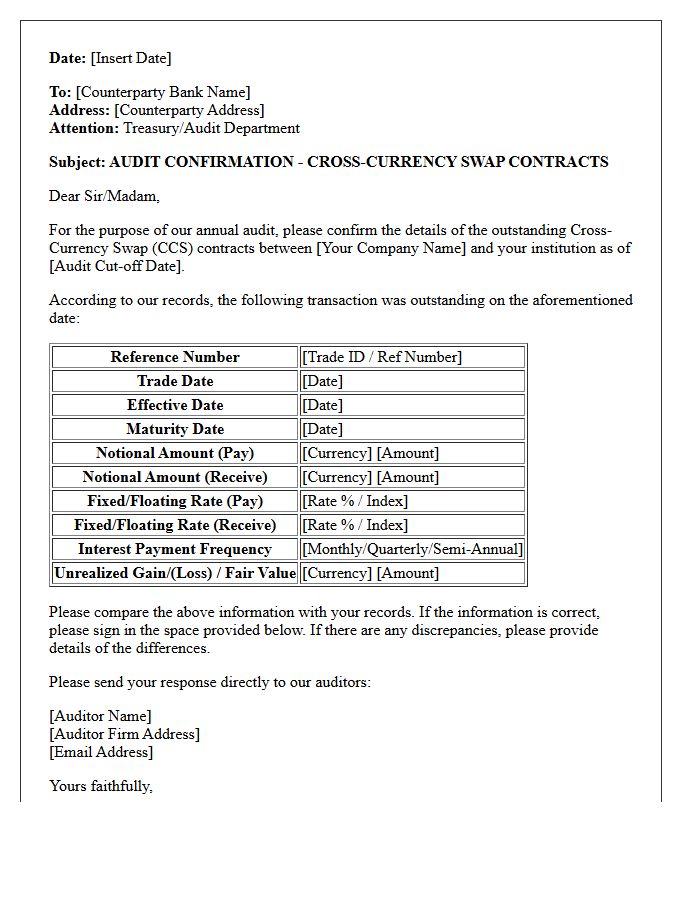 Cross-Currency Swap Foreign Exchange Contract Audit Confirmation Letter