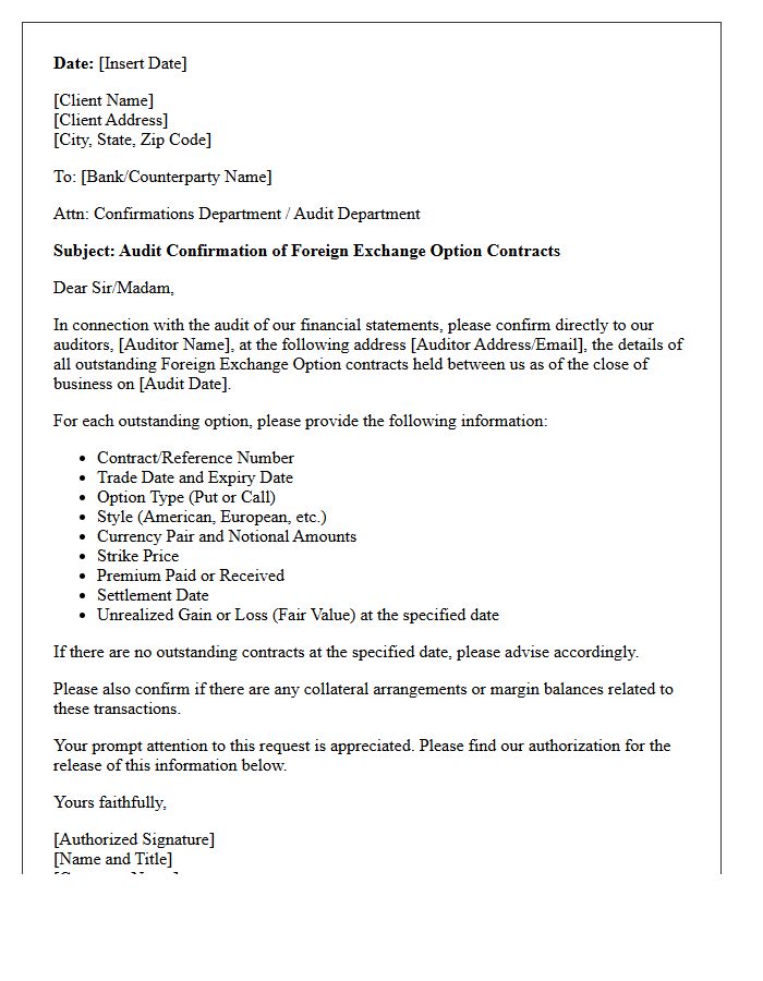 Foreign Exchange Option Contract Audit Confirmation Letter