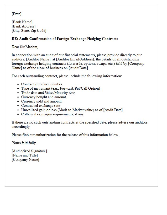 Hedging Foreign Exchange Contract Audit Confirmation Letter