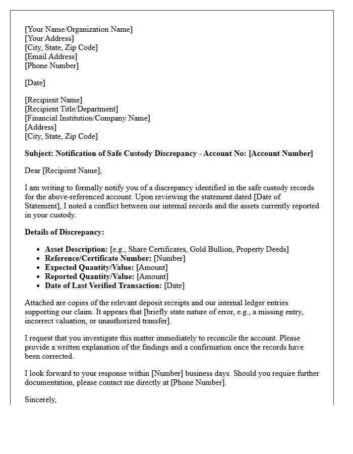 Safe Custody Discrepancy Resolution Letter