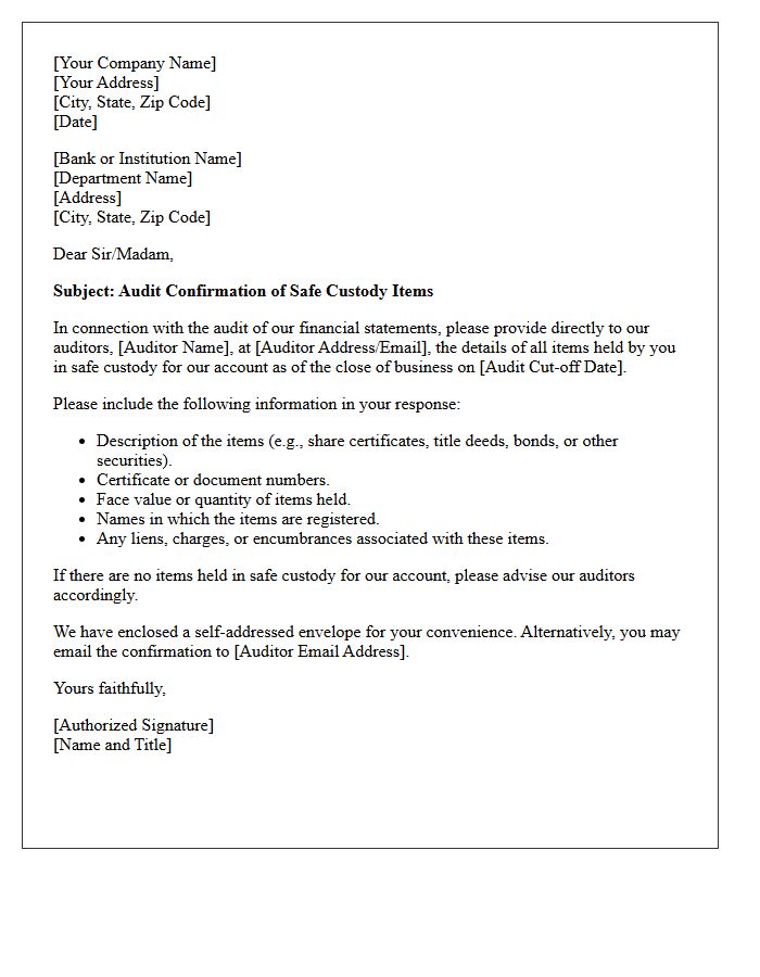 Standard Safe Custody Audit Confirmation Letter