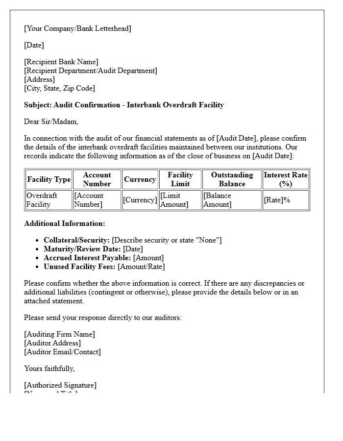 Interbank Overdraft Facility Audit Confirmation Letter