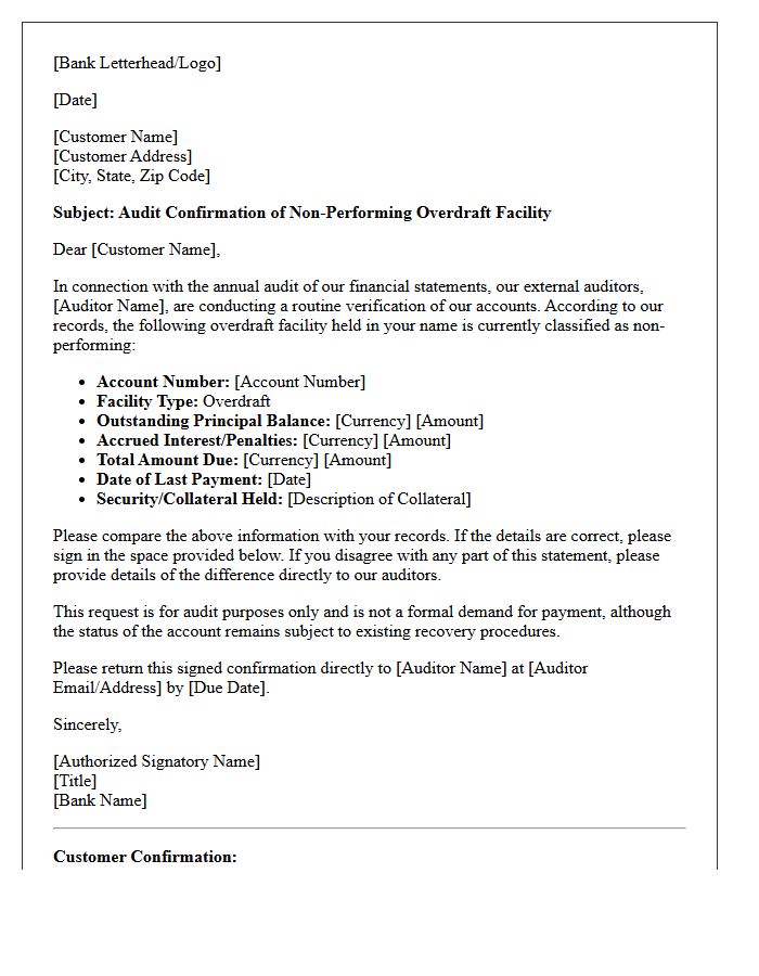 Non-Performing Overdraft Facility Audit Confirmation Letter