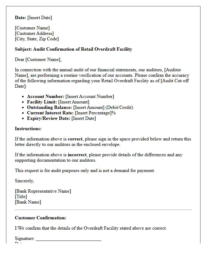 Retail Overdraft Facility Audit Confirmation Letter