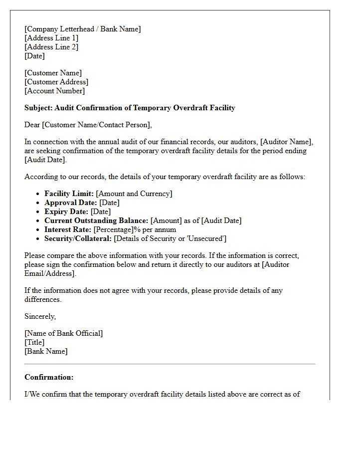Temporary Overdraft Facility Audit Confirmation Letter