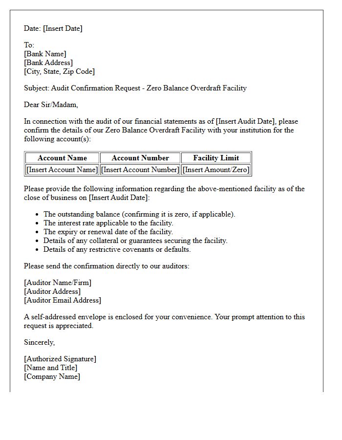 Zero Balance Overdraft Facility Audit Confirmation Letter