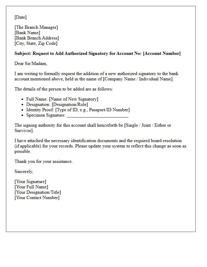 Bank Account Signatory Addition Letter