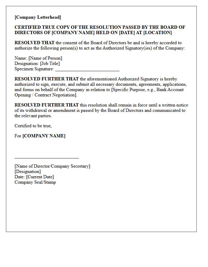 Board Resolution Authorized Signatory Letter