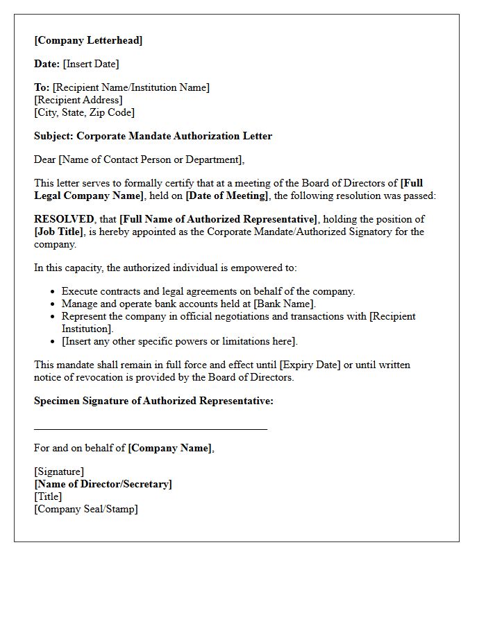 Corporate Mandate Authorization Letter