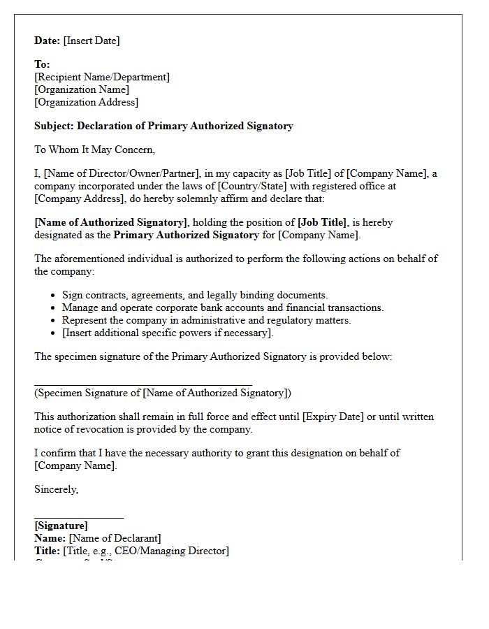 Primary Authorized Signatory Declaration Letter