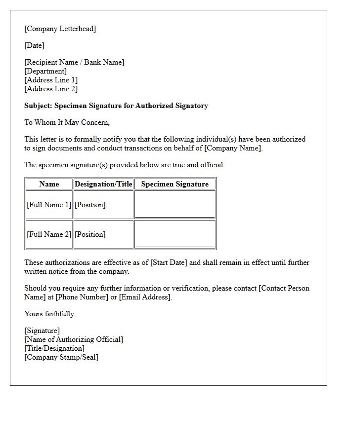 Signatory Specimen Signature Letter