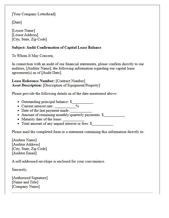 Capital Lease Balance Audit Confirmation Letter