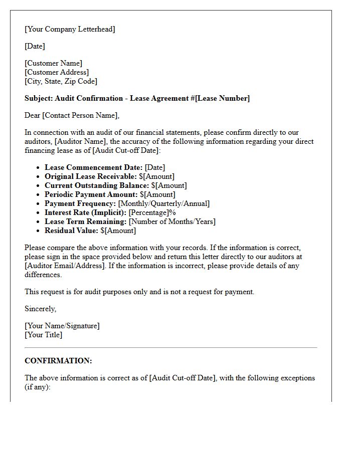 Direct Financing Lease Audit Confirmation Letter