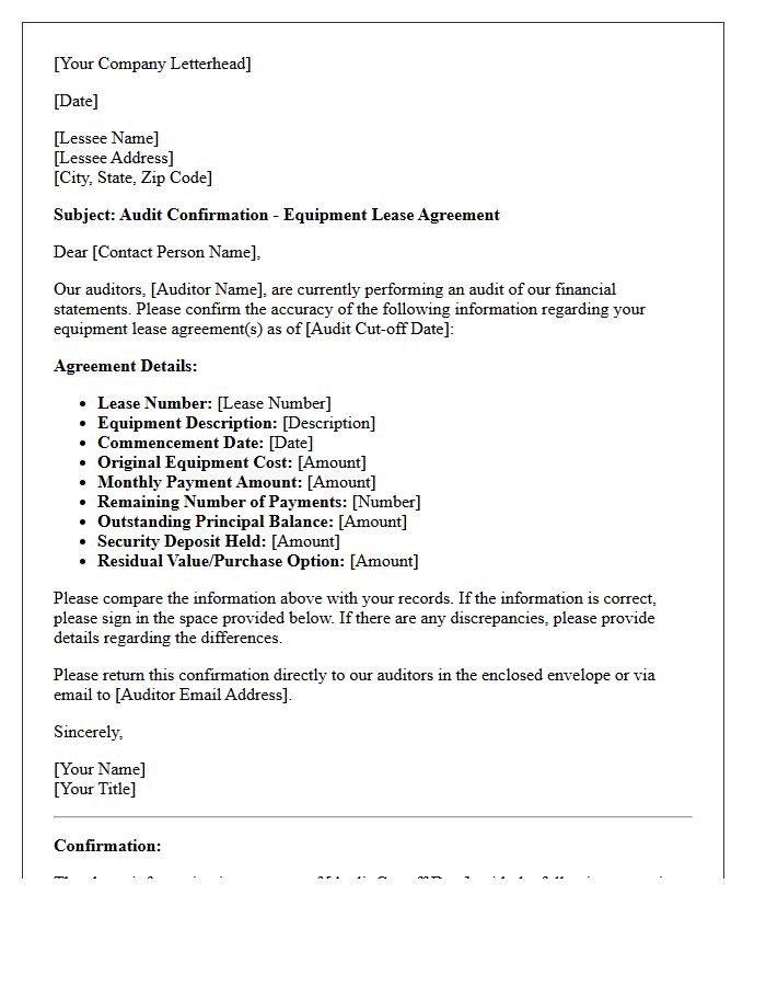 Equipment Lease Finance Audit Confirmation Letter
