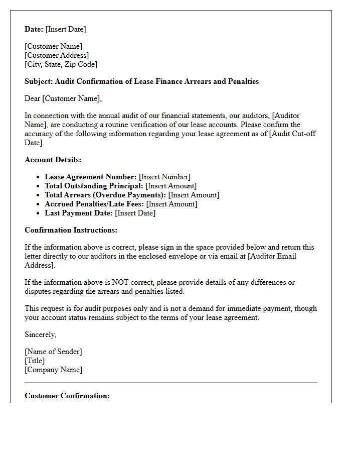 Lease Finance Arrears and Penalties Audit Confirmation Letter