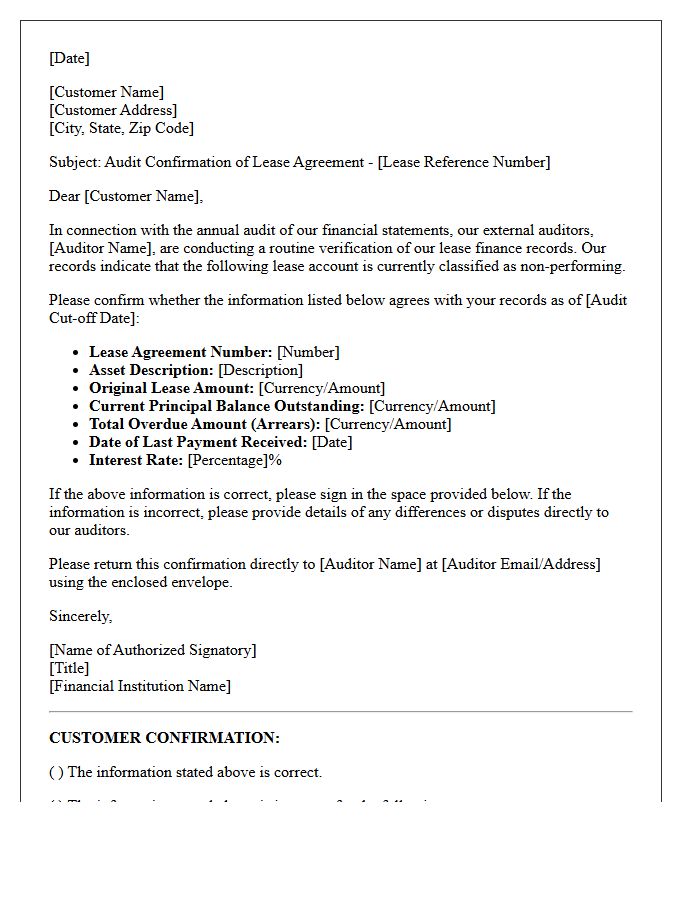 Non-Performing Lease Finance Audit Confirmation Letter
