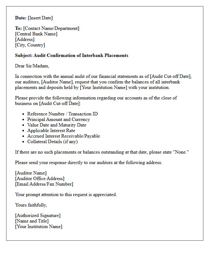 Central Bank Interbank Placement Audit Confirmation Letter