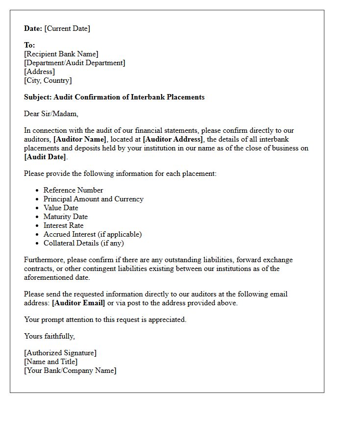 Standard Interbank Placement Audit Confirmation Letter