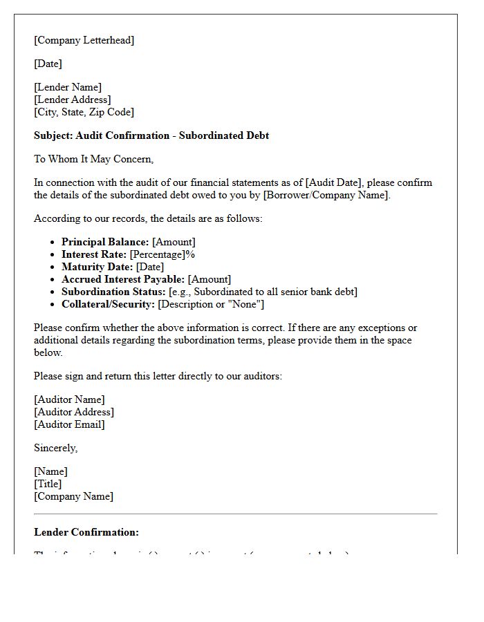 Subordinated Debt Audit Confirmation Letter