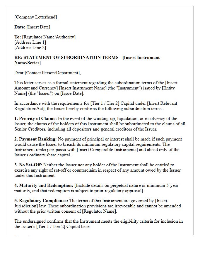 Regulatory Tier Capital Subordination Terms Letter Statement