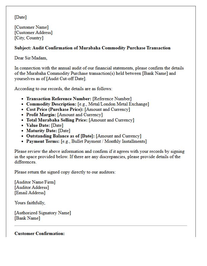 Murabaha Commodity Purchase Transaction Audit Confirmation Letter
