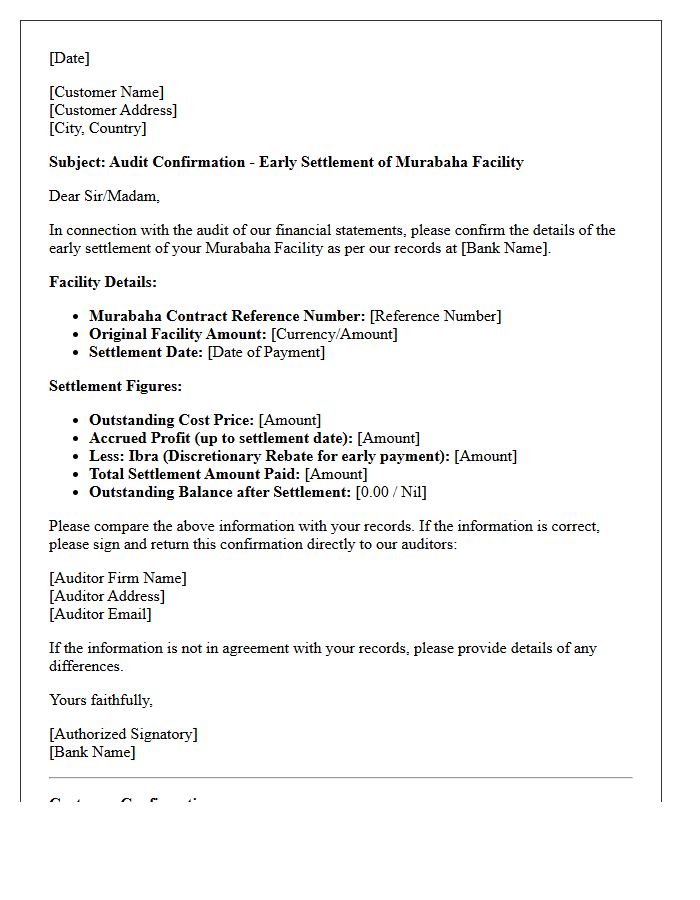 Murabaha Facility Early Settlement Audit Confirmation Letter