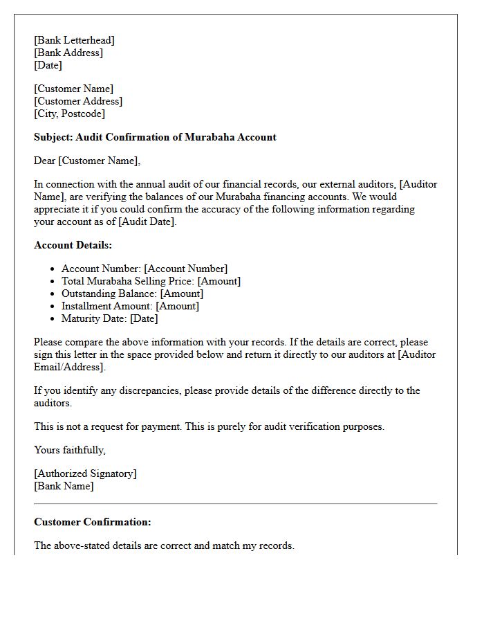 Retail Banking Murabaha Account Audit Confirmation Letter