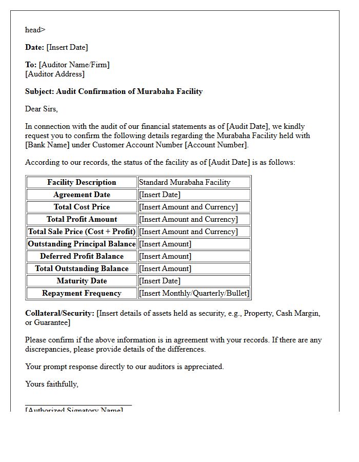 Standard Murabaha Facility Outstanding Balance Audit Confirmation Letter