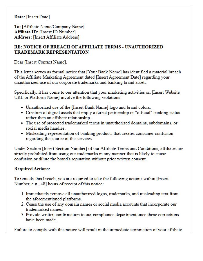 Breach of Affiliate Terms Letter for Unauthorized Banking Trademark Representation